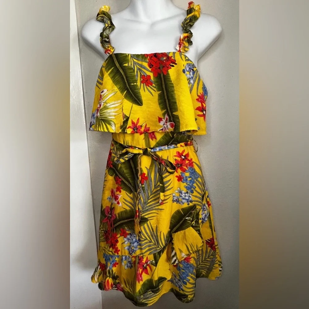 MILK & HONEY | Tropical Floral Yellow A-line Mini Dress | Women’s Size S - Picture 14 of 16